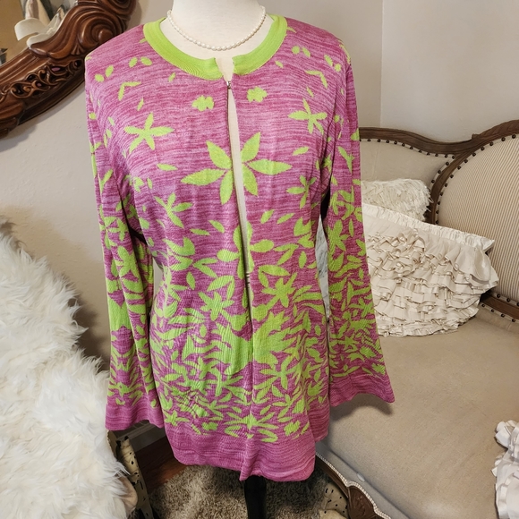 Misook Multileaf Pink & Green Long Cardigan Jacket - Picture 9 of 12